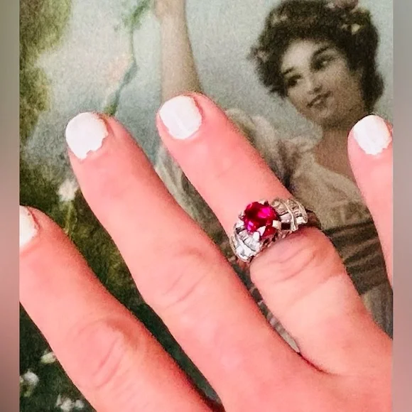 VINTAGE 825 THAI RUBY WHITE GOLDDIAMOND BAGUETTESRING Size 6.75